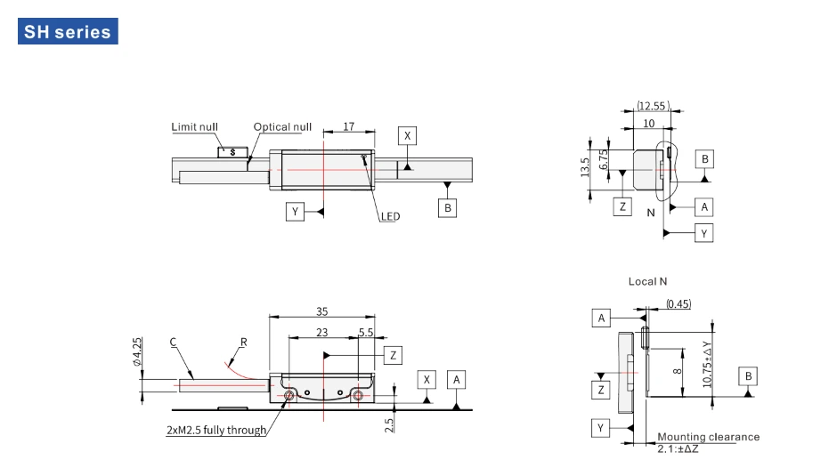 SH series linear encoder installation dimensions and mounting clearance